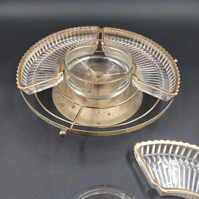 Faber Bros Lazy Susan Appetizer Tray Gold & Clear Glass 4-Part w Lid 10.5" Vtg