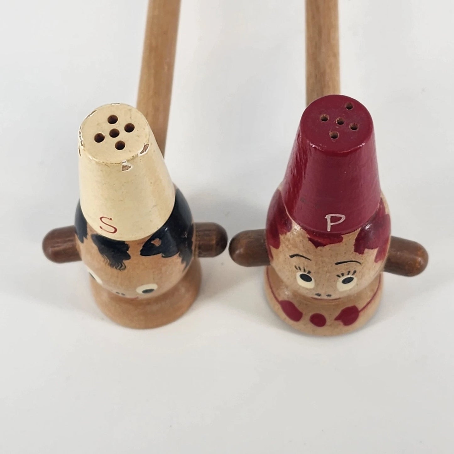 Chef Salt & Pepper Shakers Set Wood Long Handle 3" Japan 1950's Kitchen Decor