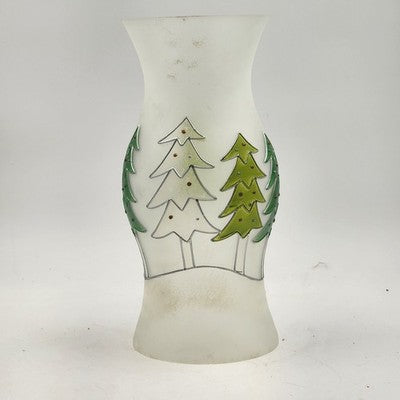Glass Hurricane Candle Chimney 13"x6" Frosted w Hand Painted Christmas Pine Tree