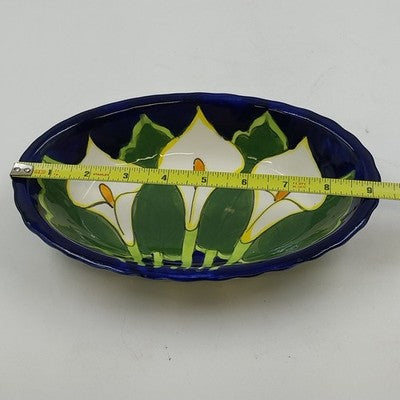 Talavera Calla Lilies Mexico Hand Painted Oval Bowl Art Pottery Signed Mexico Q