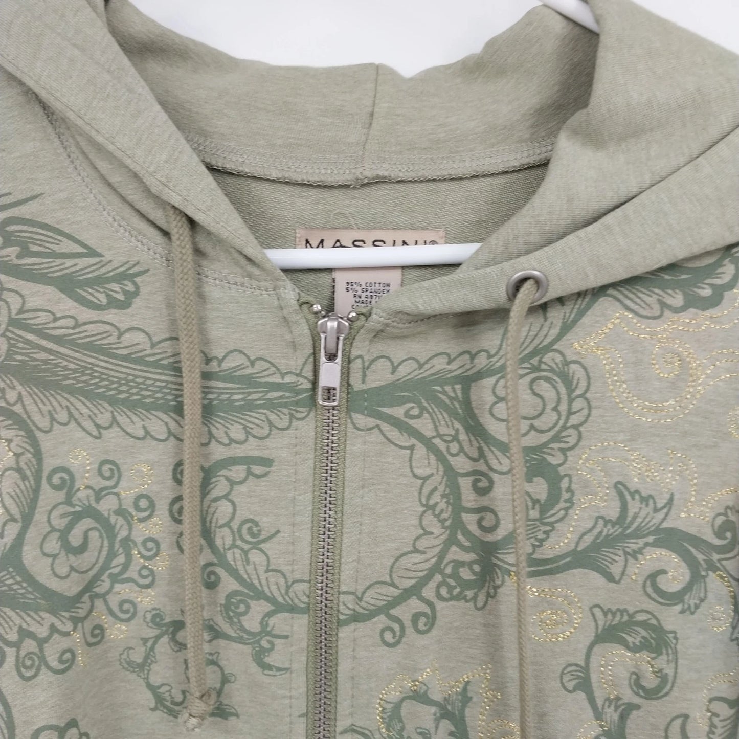 Massini Women's Zip Up Hoodie Size XL Floral Paisley Army Green Cotton Blend Y2K