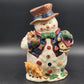 Ceramic Snowman Cookie Jar 13" w/ Birdhouse, Deer, Squirrel, Hat & Bowtie