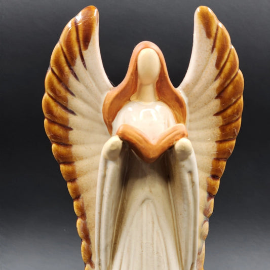 Glazed Ceramic Angel Figurine Holding Book 13" Neutral Cream Brown Home Decor