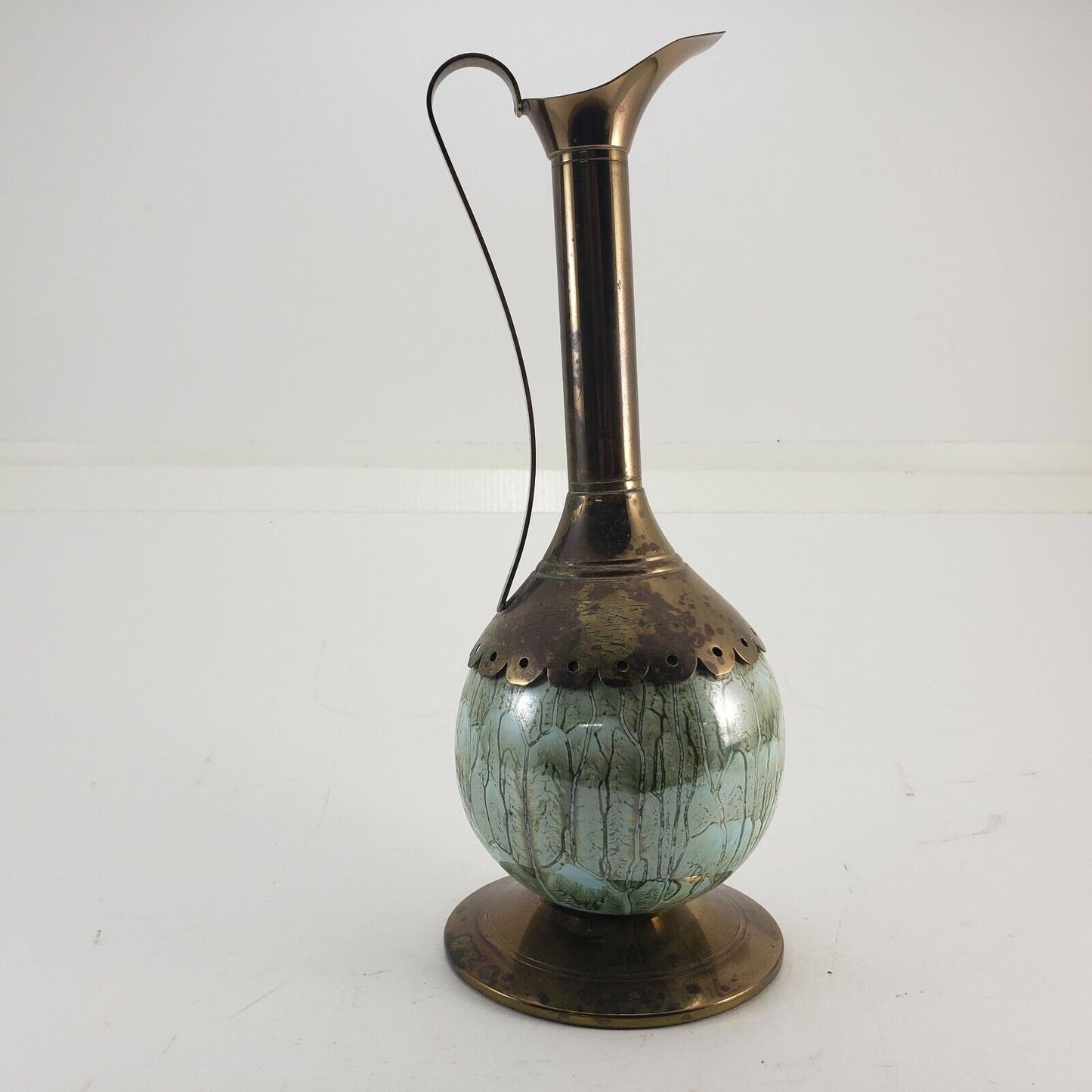 Vintage Brass Enamel Pitcher Ewer Vase Ruffle Winter Tree 11” Slim