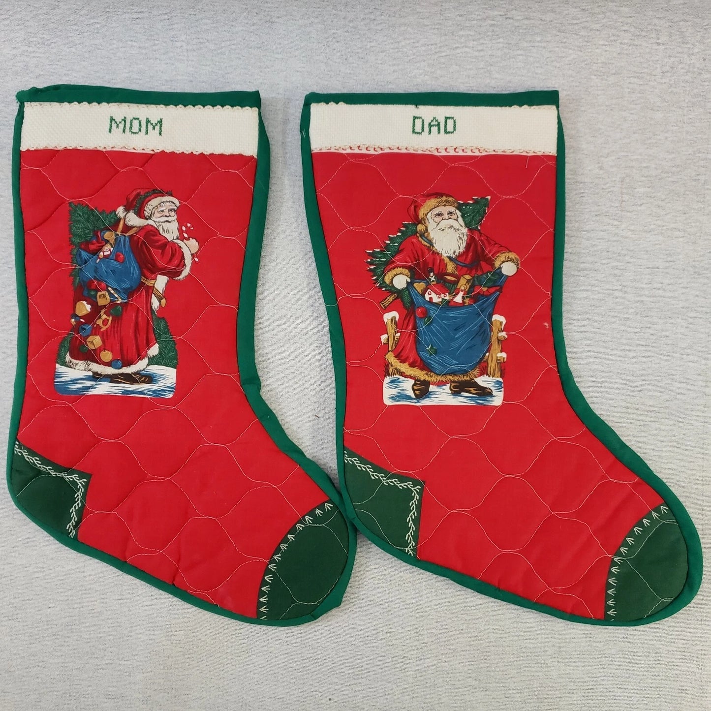 Christmas Stockings Santa Designs Quilted Mom & Dad Monogrammed Red & Green Vtg