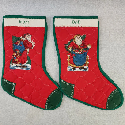 Christmas Stockings Santa Designs Quilted Mom & Dad Monogrammed Red & Green Vtg