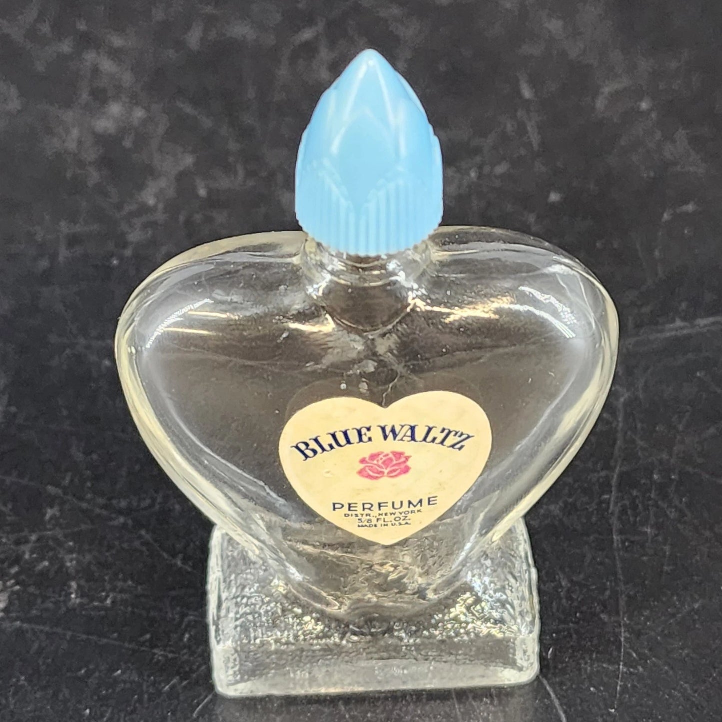 Blue Waltz Perfume Bottle Heart Glass Blue Lid Empty Vanity Collectible Vtg