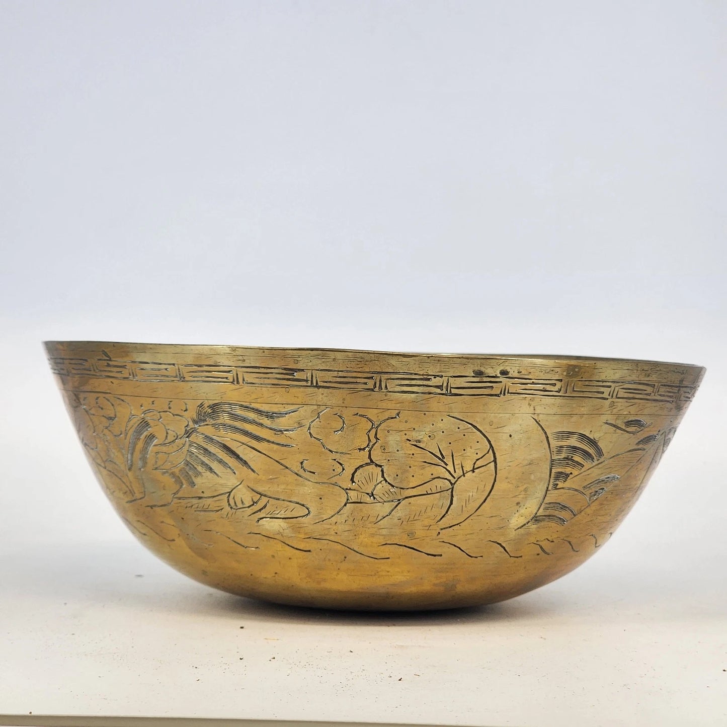 Chinese Solid Brass Engraved Bowl Dragon Phoenix Design 10"x4" MCM Vintage