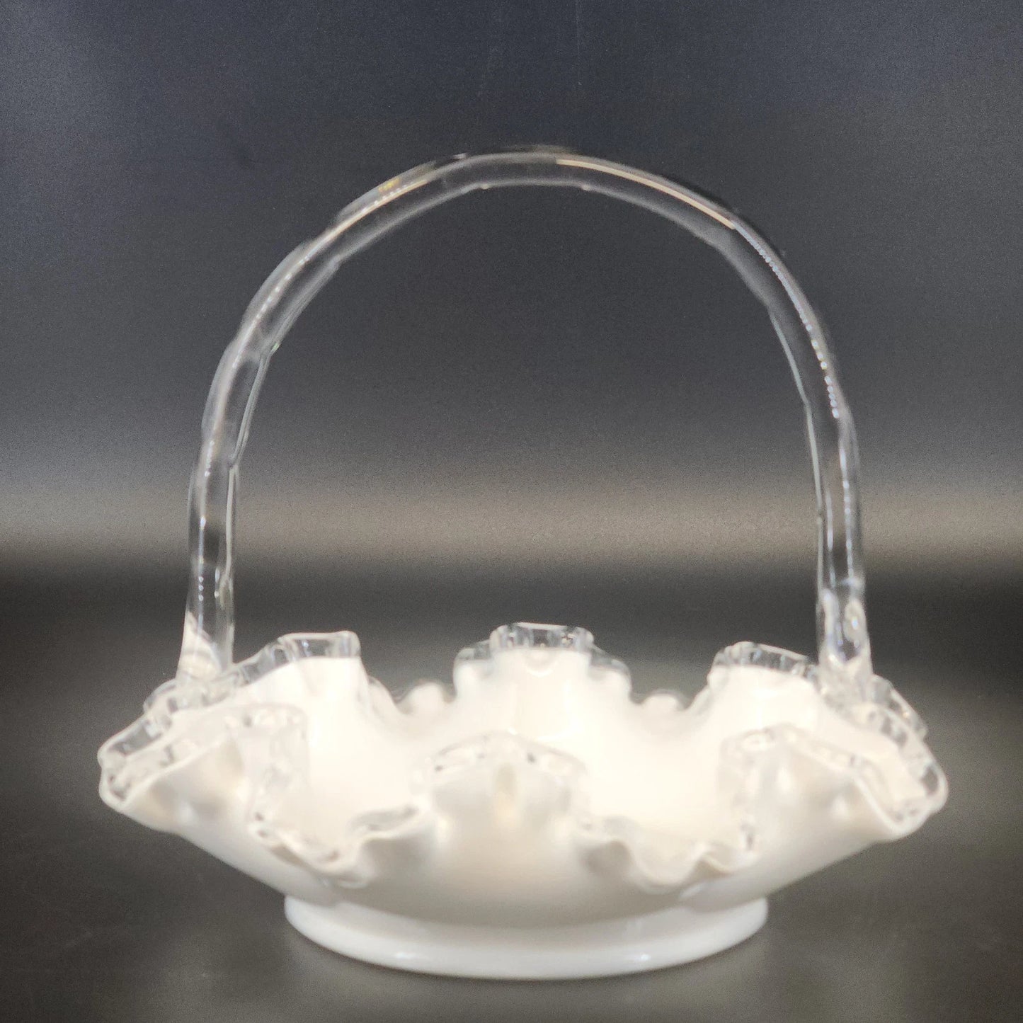 Fenton Silver Crest Milk Glass Basket Ruffled Edge Handle 8" Candy Dish