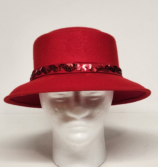 Red Wool Felt Dura Bowler Derby Hat Church Wedding Vintage Sparkling Hat Band