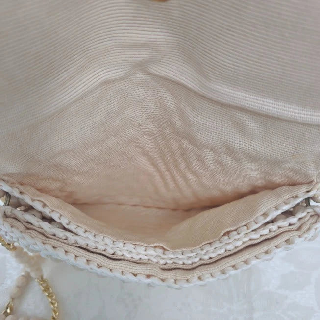 Cream Crochet Beaded Evening Bag Chain Strap Shoulder Purse Bohomian Bridal