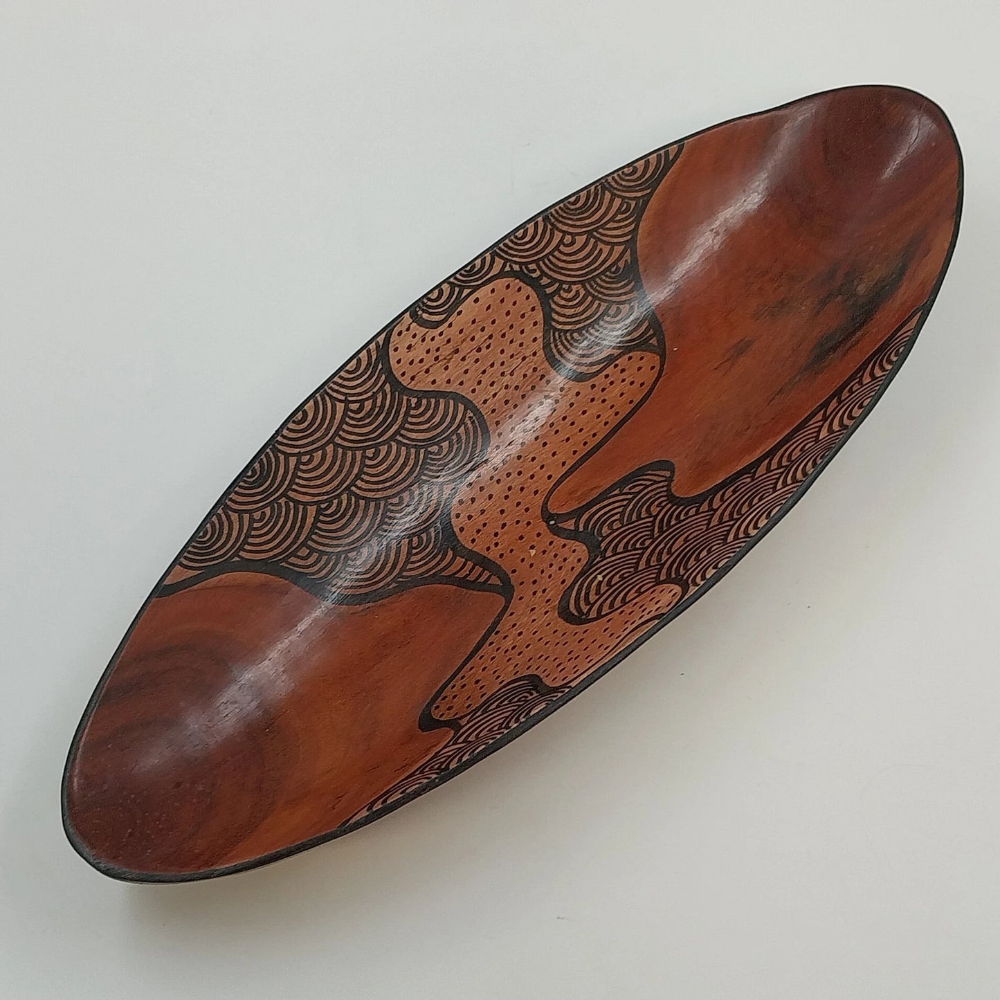 South African Hand Carved Hand Painted Wood Oval Decorative Bowl Abstract 12.5"