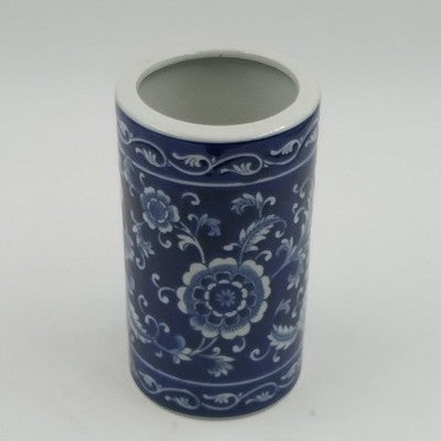 Pier 1 Import Porcelain Mandarin Cobalt Blue White Floral Utensil Holder Vase 8"