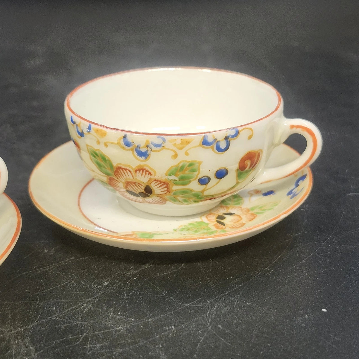 Porcelain Demitasse Cups & Saucers Set of 2 Hand Painted Floral Rim Chip Japan