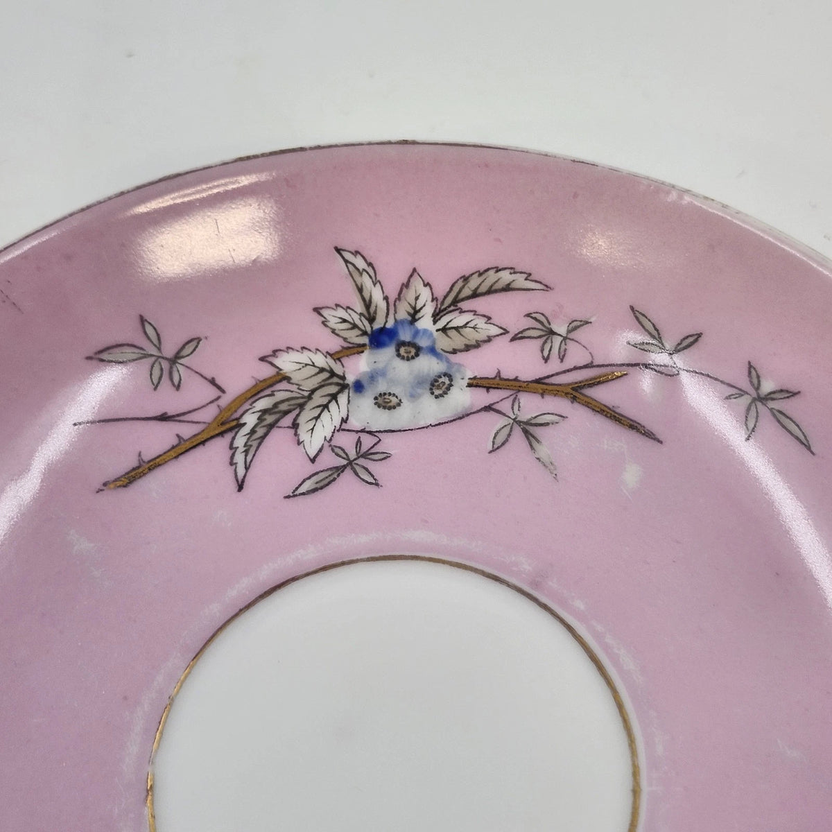 Pink Porcelain Teacup & Saucer Birds Nest Blue Flowers Gold Trim Vintage 5.5"