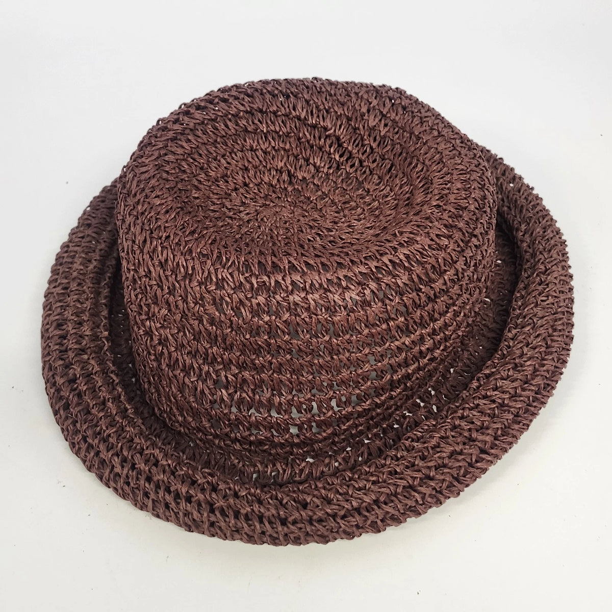 Women's Burgundy Woven Straw Cloche Sun Hat Rolled Brim Open Weave One Size Vtg