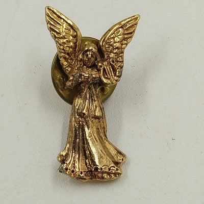 Gold Tone Guardian Angel Playing Harp Instrument Figure Brooch Lapel Pin Vintage