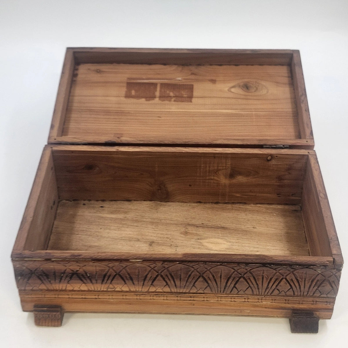 Jewelry Trinket Box 11" Carved Cedar Natural Wood Cottage Scene Footed Vintage
