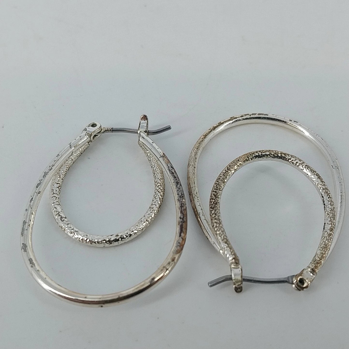 Silver Tone Double Oval Hoop Earrings Textured Inner Hoop Latch Back Jewelry
