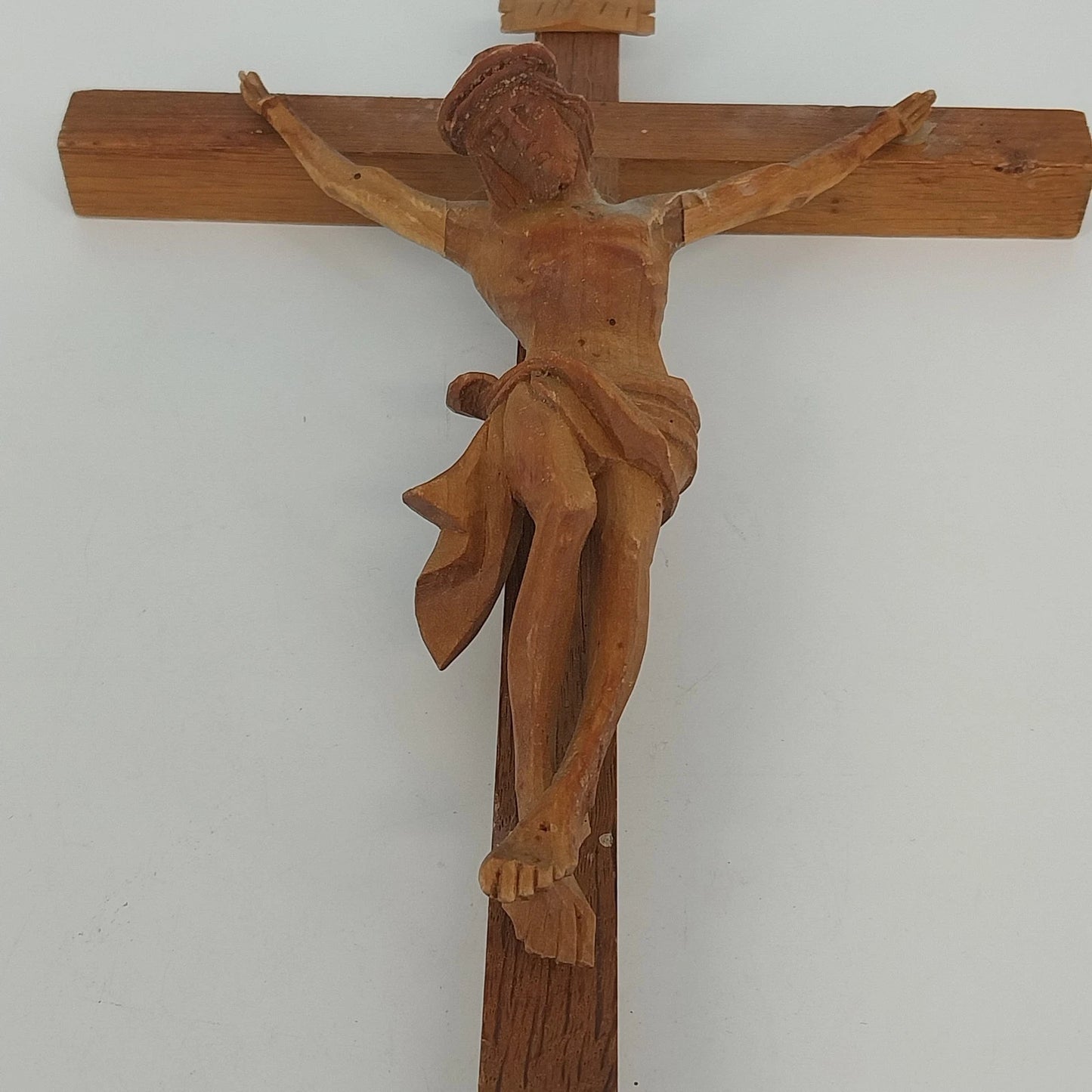 Hand Carved Wooden Crucifix Jesus INRI Two Tone Brown 15" Wall Cross Vintage
