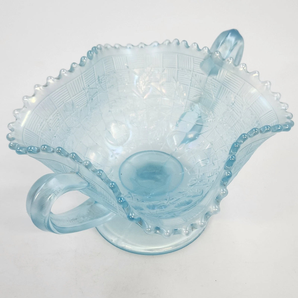 Jeannette Louisa Ice Blue Glass Pedestal Compote Double Handle Ruffled Rim 5.25"