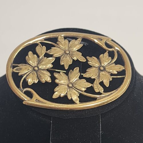 Gold Tone Floral Oval Brooch Flowers Vintage Costume Jewelry Ivy Leaf Danish