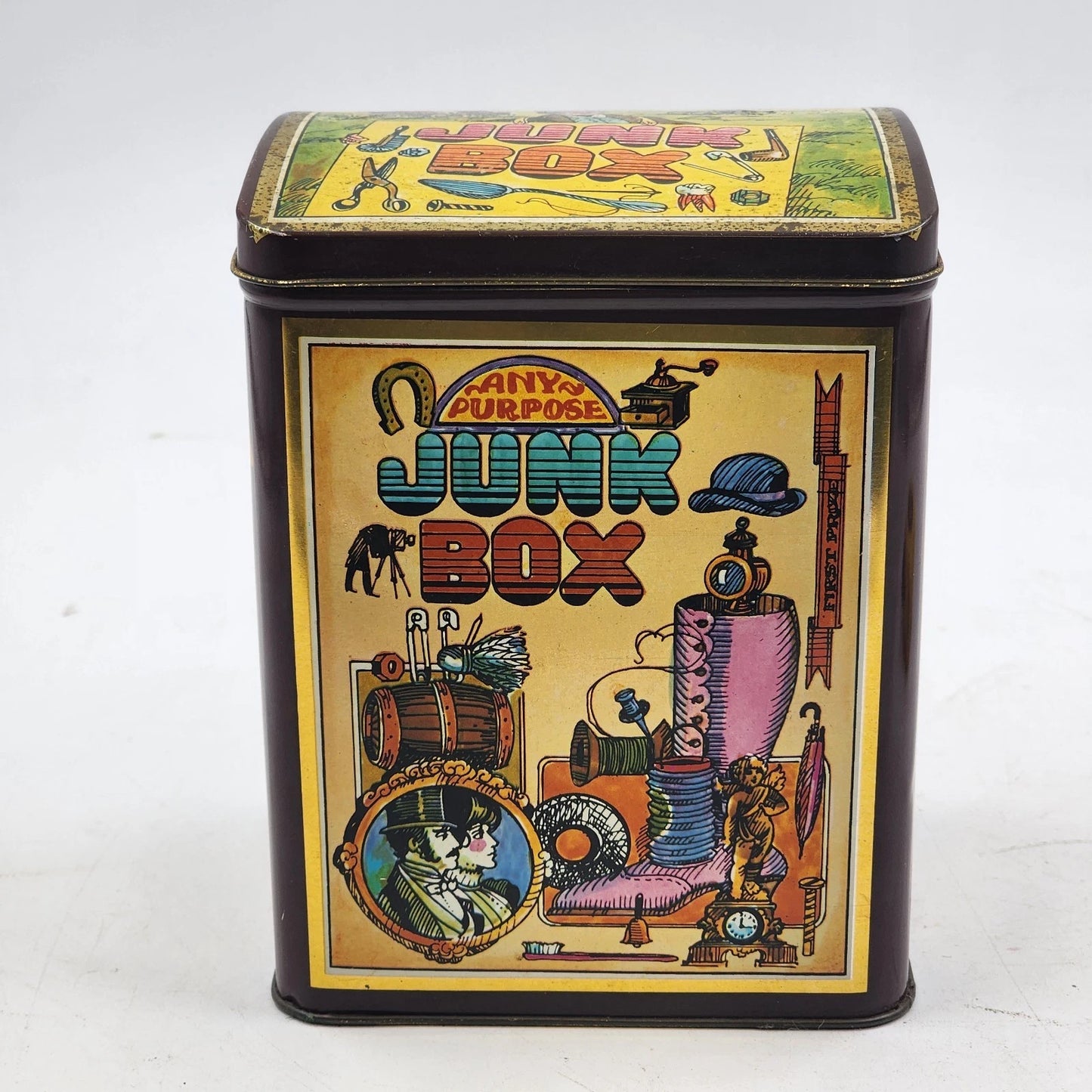 Collectible Tin Junk Box Hinged Lid Any Purpose 6.25" England by Case 1982 Vtg