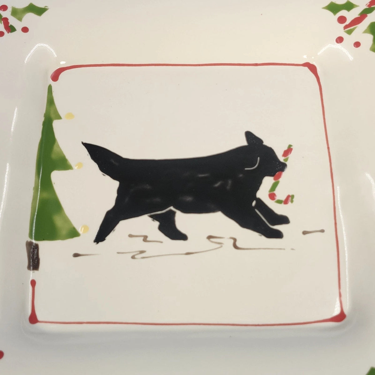 Prairie Dog Pottery Black Newfoundland Candy Cane Christmas Plate 9.25" Square