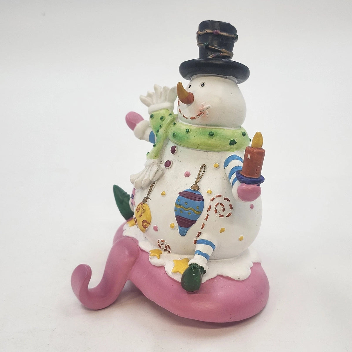 Snowman Stocking Holder Figurine 5.5" Pink Base Candle Scarf Hat Christmas Resin