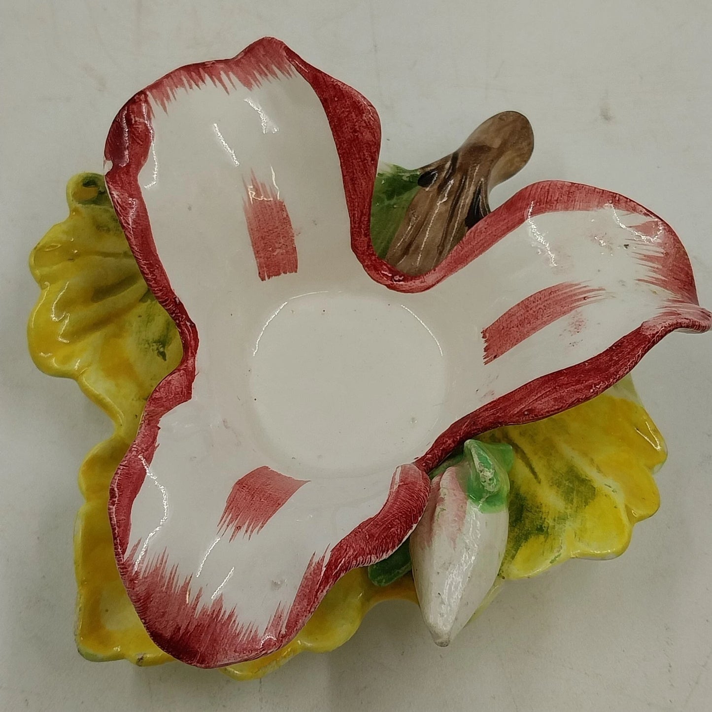 Ceramic Floral Tea Light Candle Holder Leaf Plate Red White Flower Chadwick Vtg