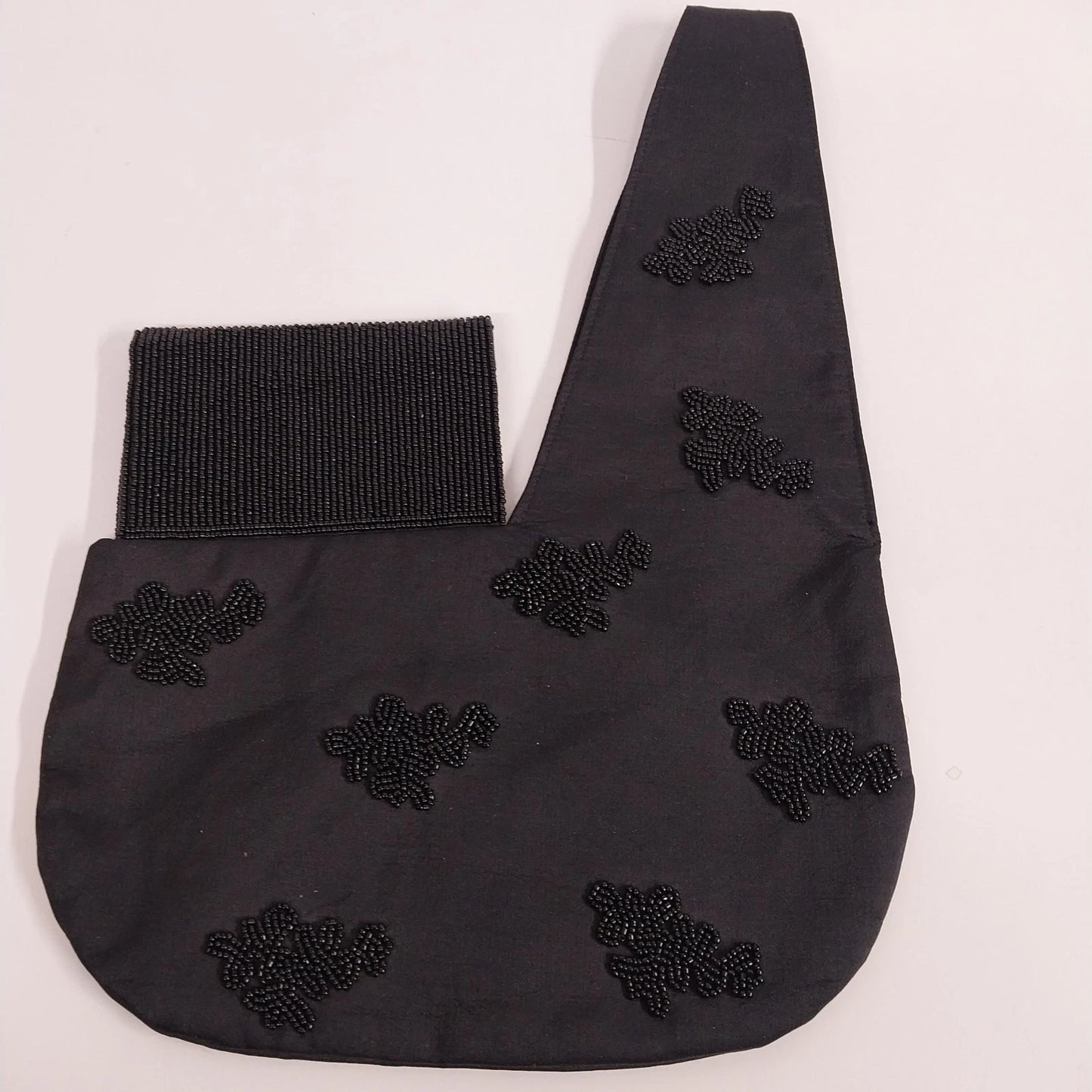 Lynne Jerome Black Beaded Silk Saddle Bag Unique Double Loop Handle Vintage