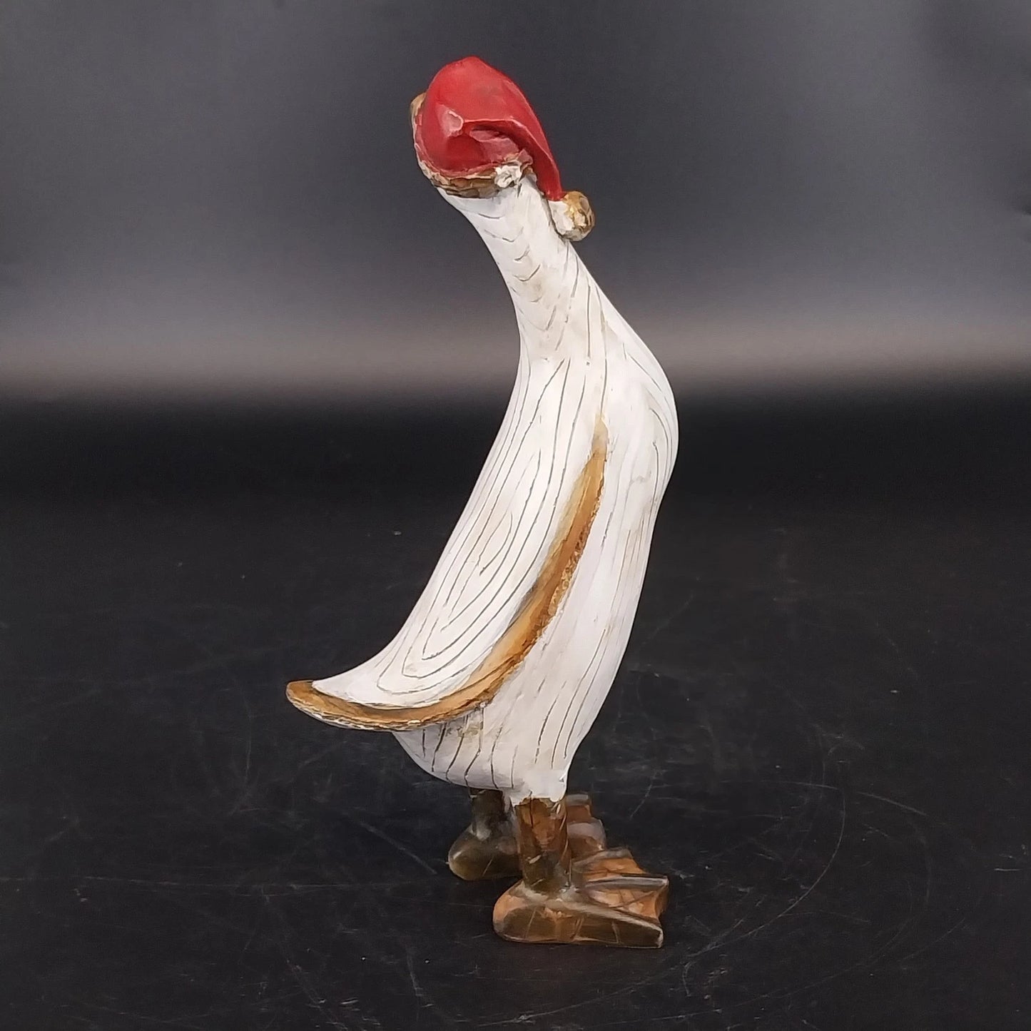 Tii Collections Santa Hat Duck Figurine Carved Wood White 7" Christmas Decor