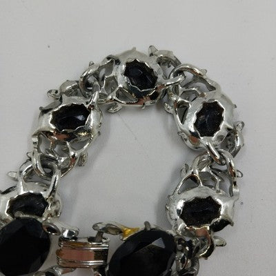 Silver Tone Bracelet Black Enameled Leaf & Faceted Glass Oval Beads