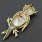 Gold Tone Owl Brooch White Faux Cabochon Body Red Rhinestone Eyes Branch Vintage