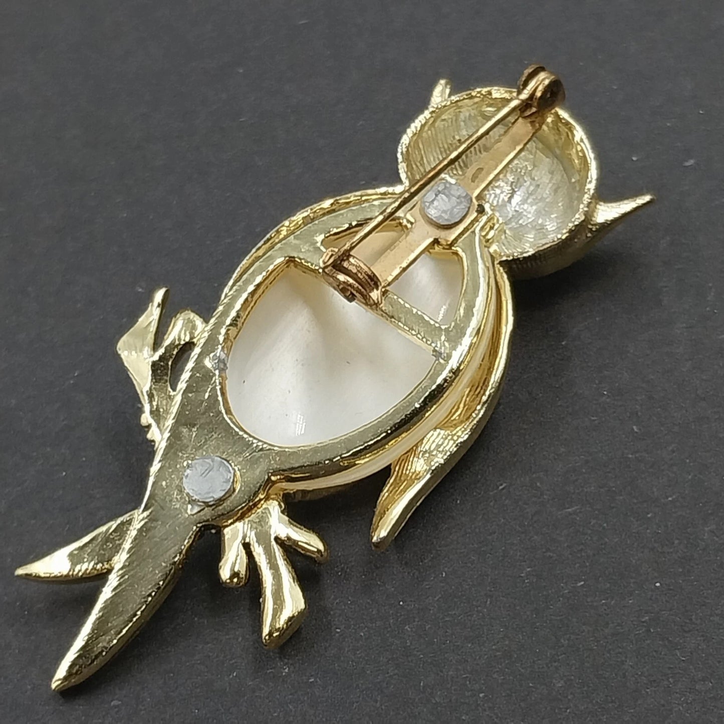 Gold Tone Owl Brooch White Faux Cabochon Body Red Rhinestone Eyes Branch Vintage