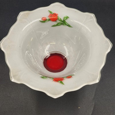 Indiana Glass White Console Flared Footed Bowl w Red Flashed Tulips Ruffled Edge
