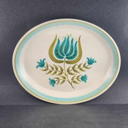 Tulip Time 14" Oval Serving Platter Franciscan Earthenware Blue Green Tulip Rim