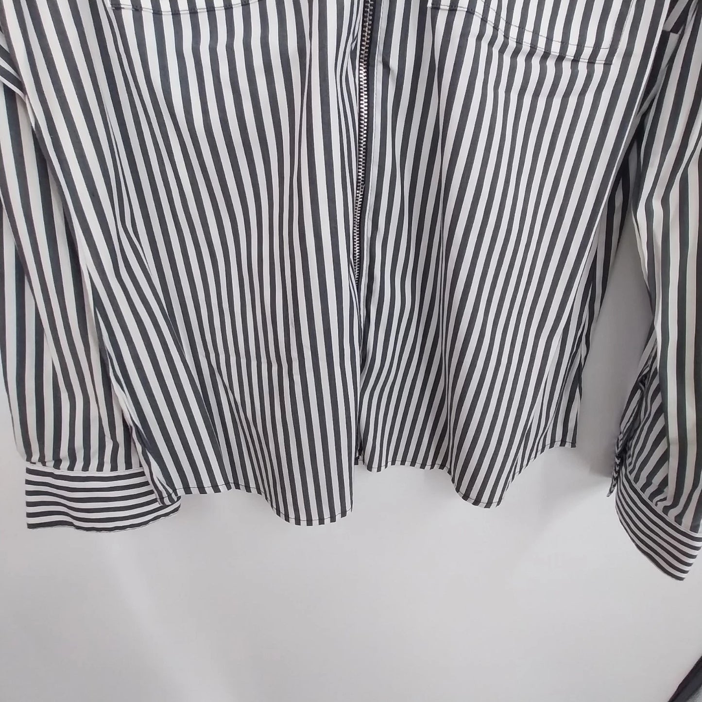 Tracy M Black White Striped Zip Front Blouse Women Large