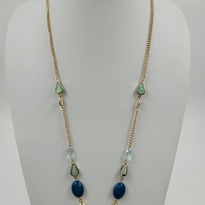 Catherines Gold Tone Teardrop Blue Gem Bead Necklace Lobster Clasp 21" Long