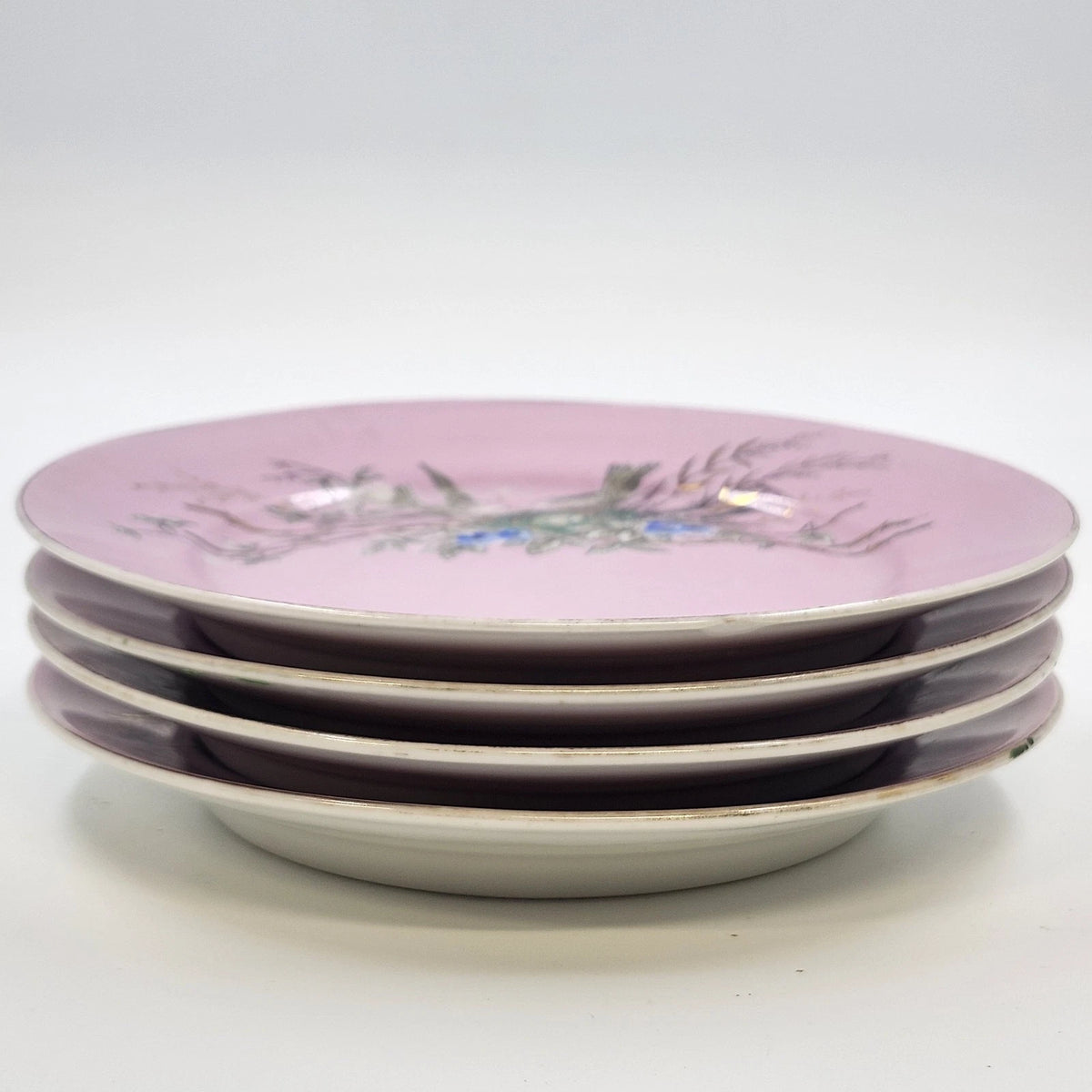 Pink Porcelain Dessert Plates Set 4 Birds Nest Blue Flowers Gold 7.5" Vintage