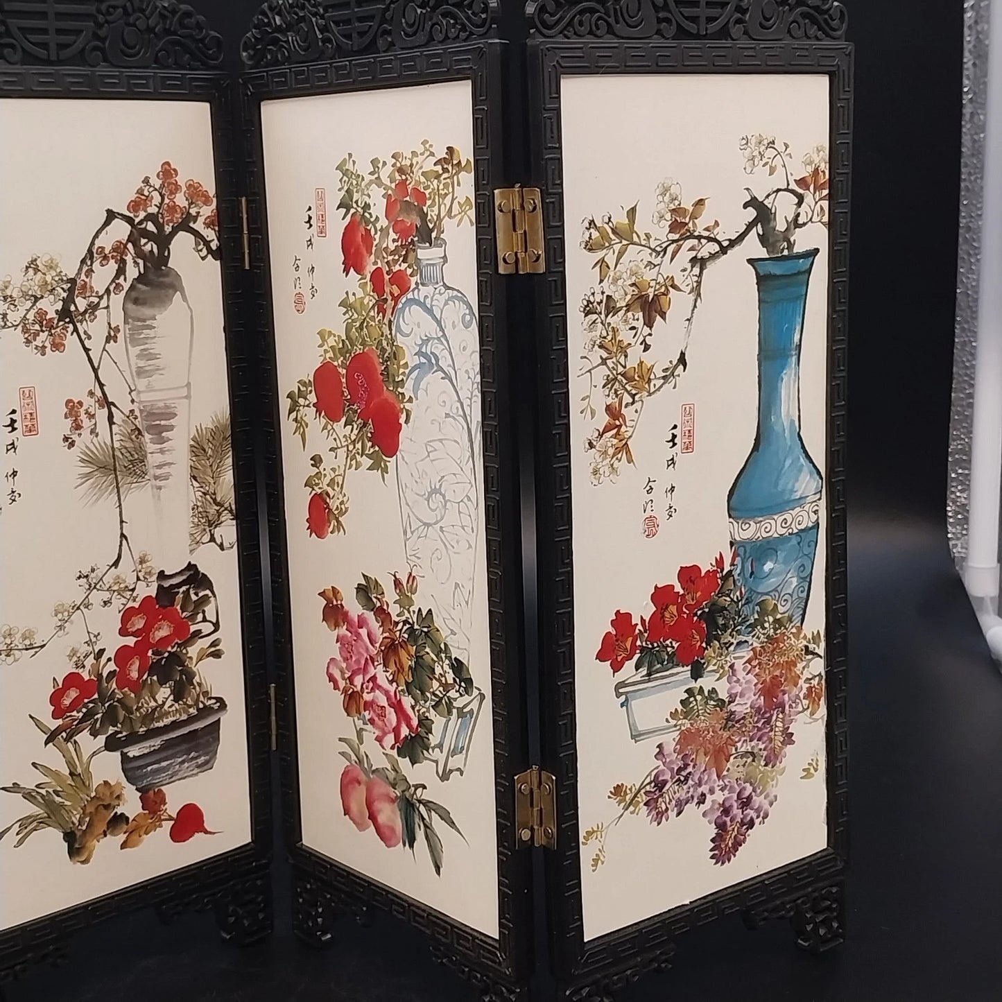 Chinese Mini Folding Tabletop Screen 4 Panel Double Sided Geisha Asian Decor Vtg
