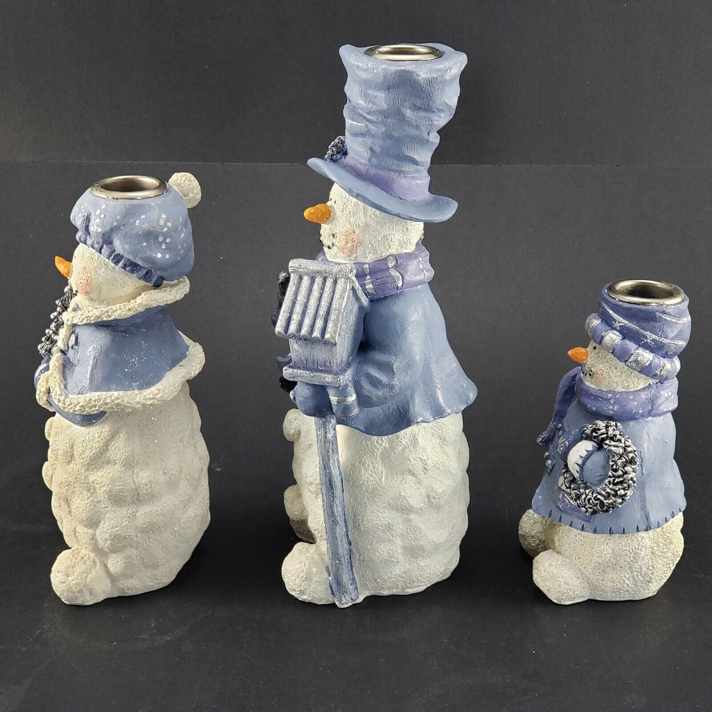 Snowmen Candle Holders Set of 3 Blue White Christmas Decor
