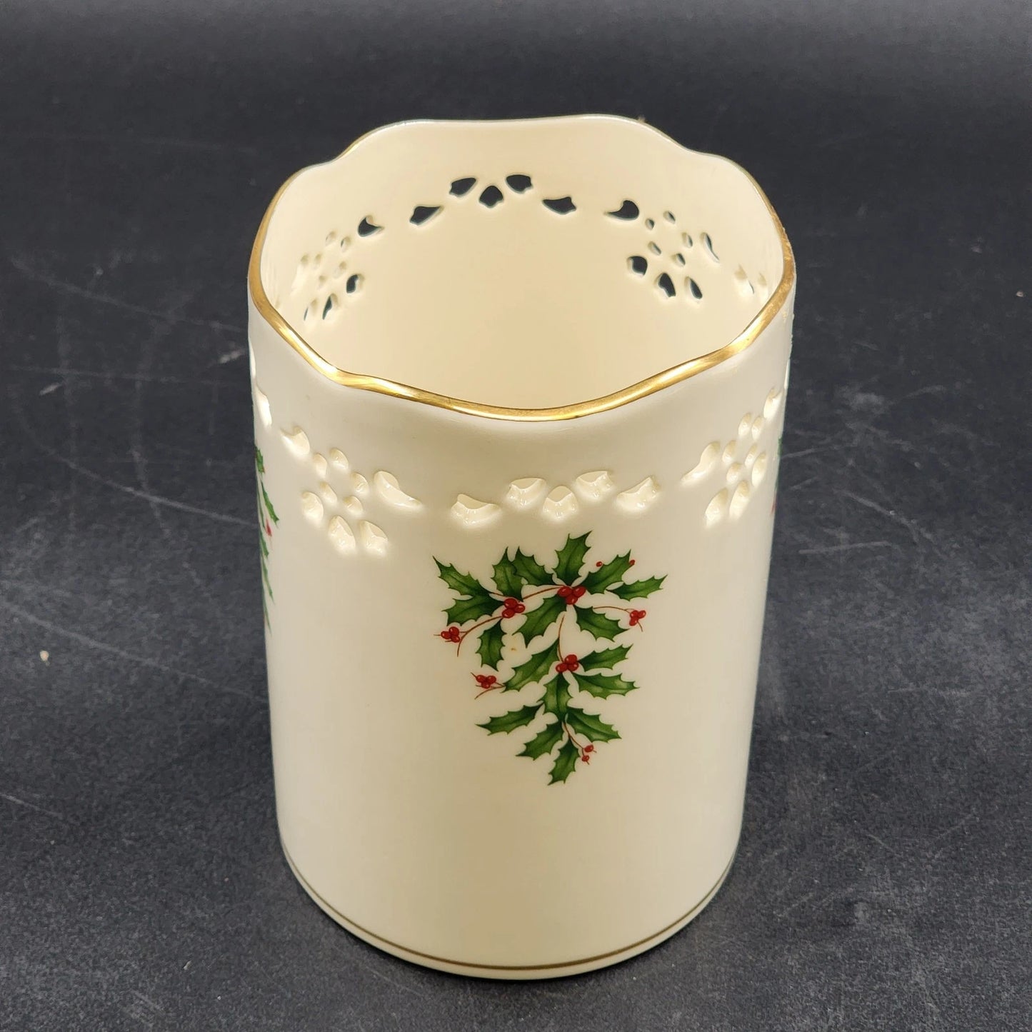 Lenox Pierced Holly Votive Candle Holder Vase Holiday Dimension Ivory Porcelain