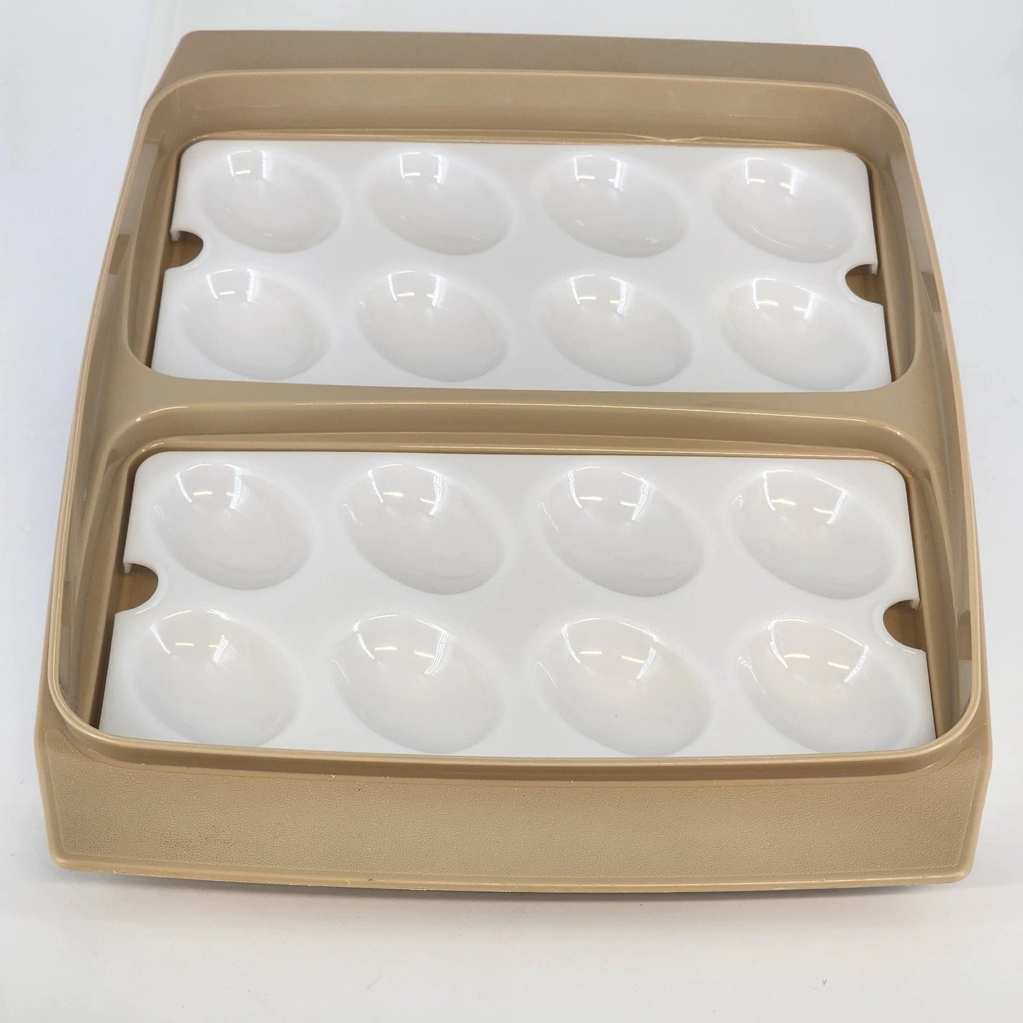 Tupperware 723-2 Deviled Egg Keeper Almond 4 Pc w Inserts Carrier 12" Vintage