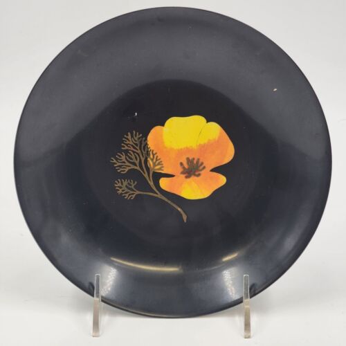 Couroc Yellow Poppy Flower 7.75" Bowl Black with Image in the Center One Piece