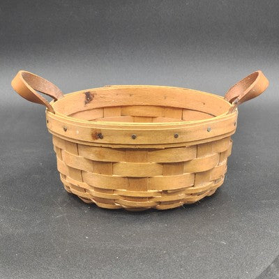 Longaberger Handwoven Button Basket w Leather Handles 6.5" Classic Stain 1997