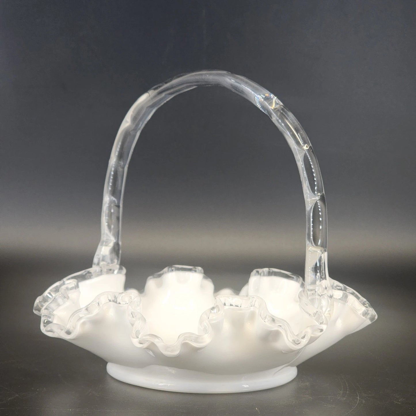 Fenton Silver Crest Milk Glass Basket Ruffled Edge Handle 8" Candy Dish