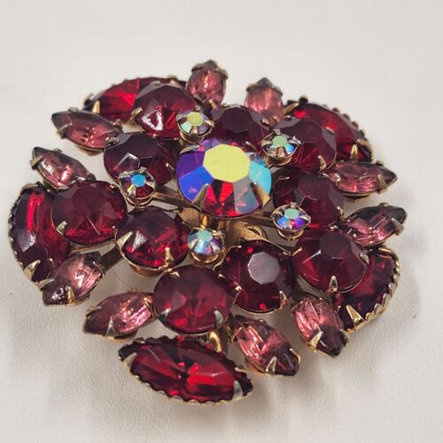 Red & Pink Rhinestone Brooch, Round 2" Diameter Vintage