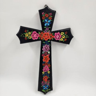 Inspirational Wooden Cross w Floral Hand Painted Routed Edges Pointed Wall Decor