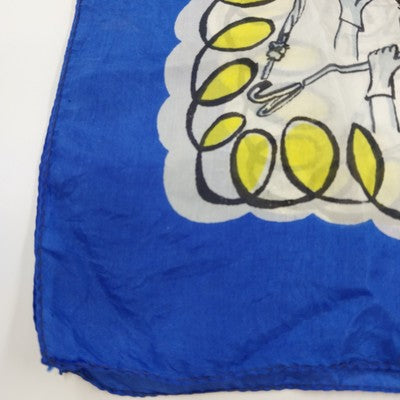 Silk Square Scarf 32" Lady with Umbrella in Rain Design Blue Border VTG
